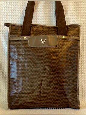 Mario Valentino Brown Monogram Tote Bag Italy Large Zip Top Shoulder NWOT